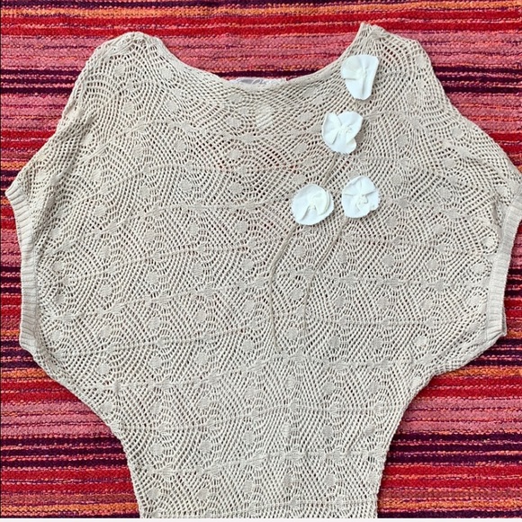 Boutique Brown Sweater with White Flower Lapel, Boho Angel Sleeve Sweater - Picture 2 of 8